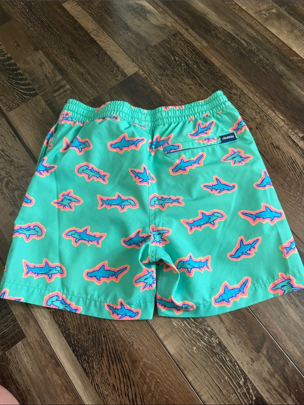 chubbies Mint Swim Trunks with Blue and Pink Shark Print